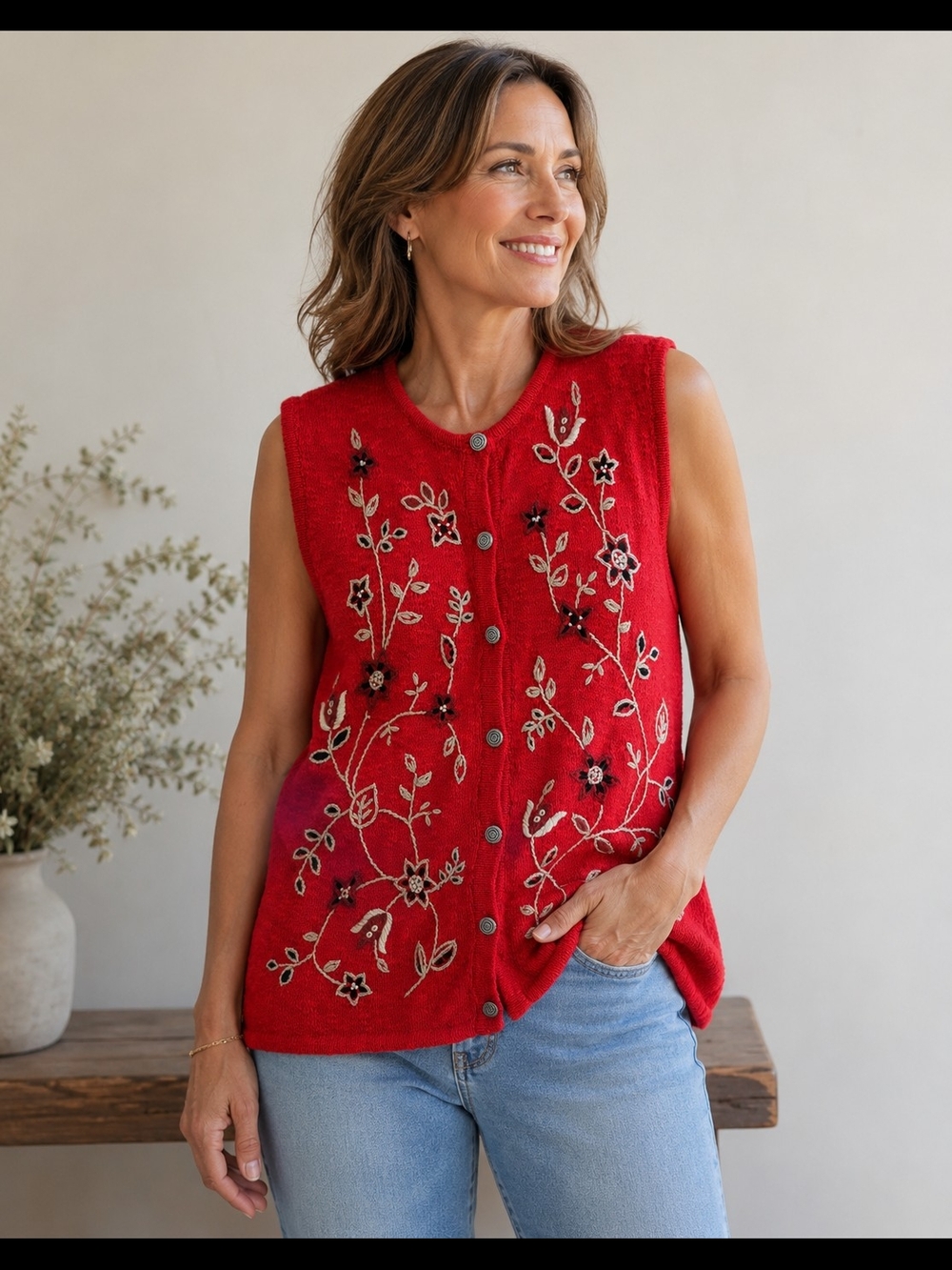 Northern Reflections Red Embroidered Knit Sweater Vest